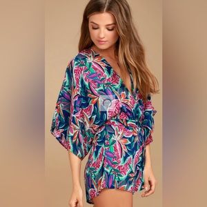 Lulus Hypnotized Purple Gauzy Tropical Print Faux Wrap Romper w Kimono Sleeves
